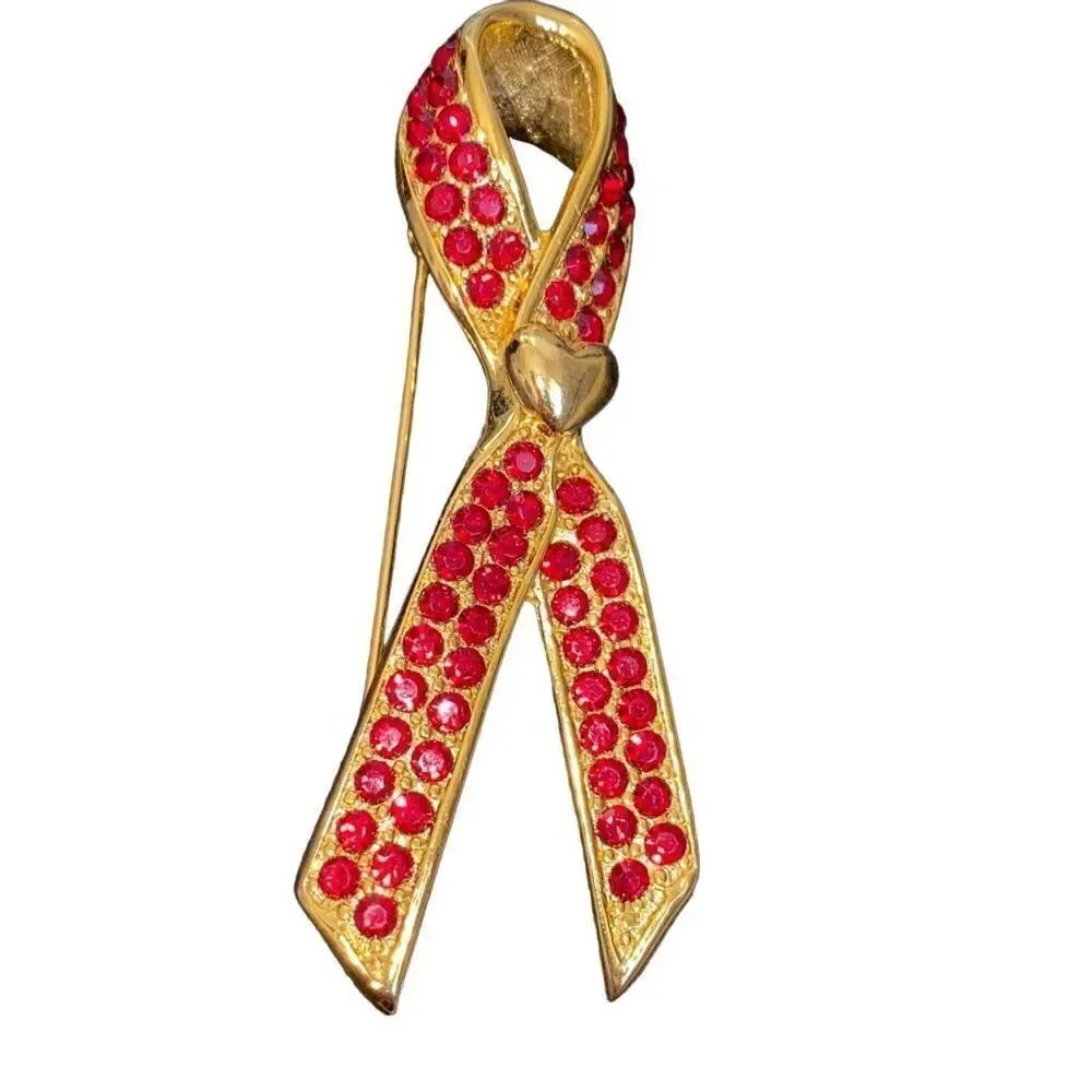 Signed Verducci Pin Set Red Rhinstone Ribbon Goldtone Breast Cancer Awareness